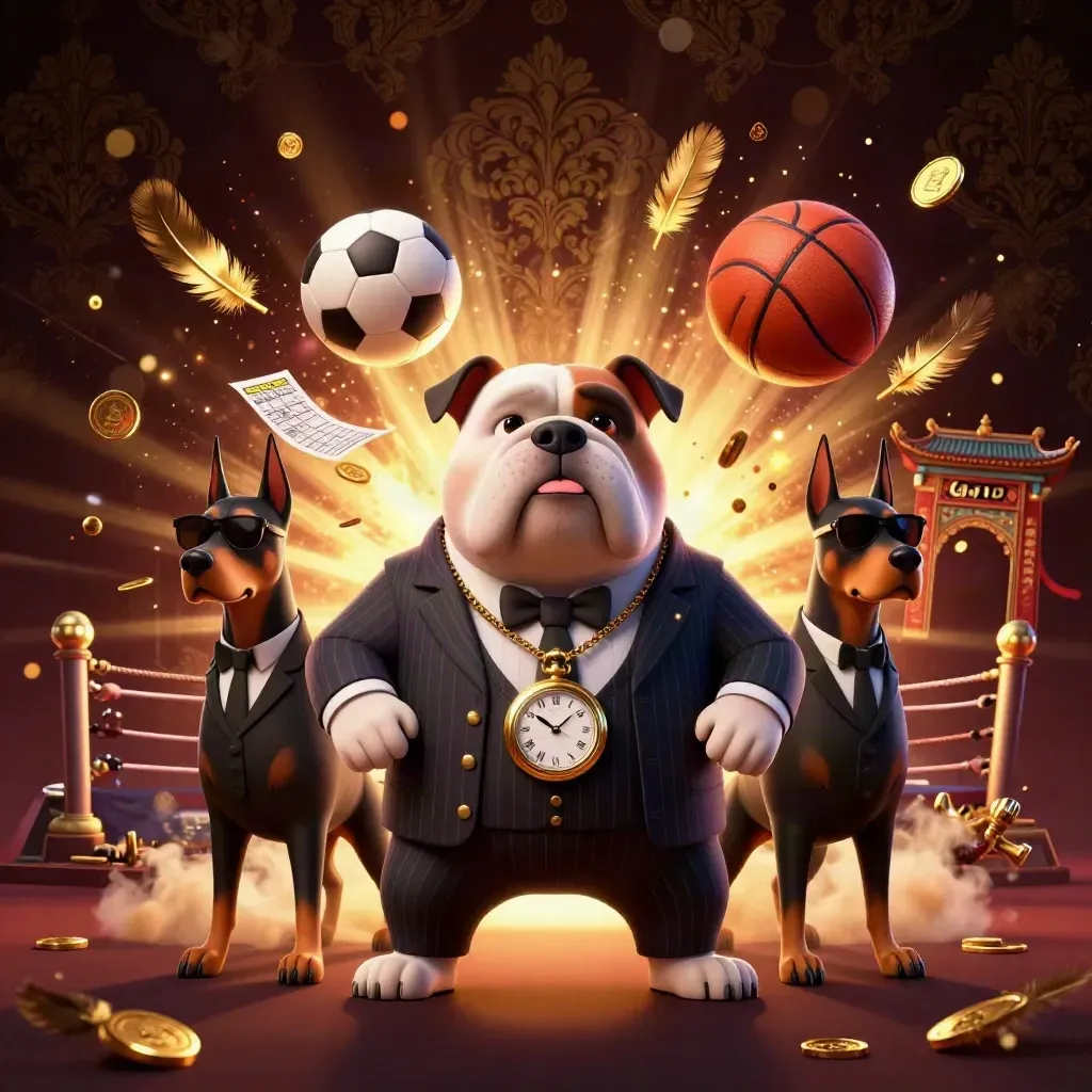 Bulldog mob boss and Dobermans amid casino sports props, gold sparks, and dramatic lighting