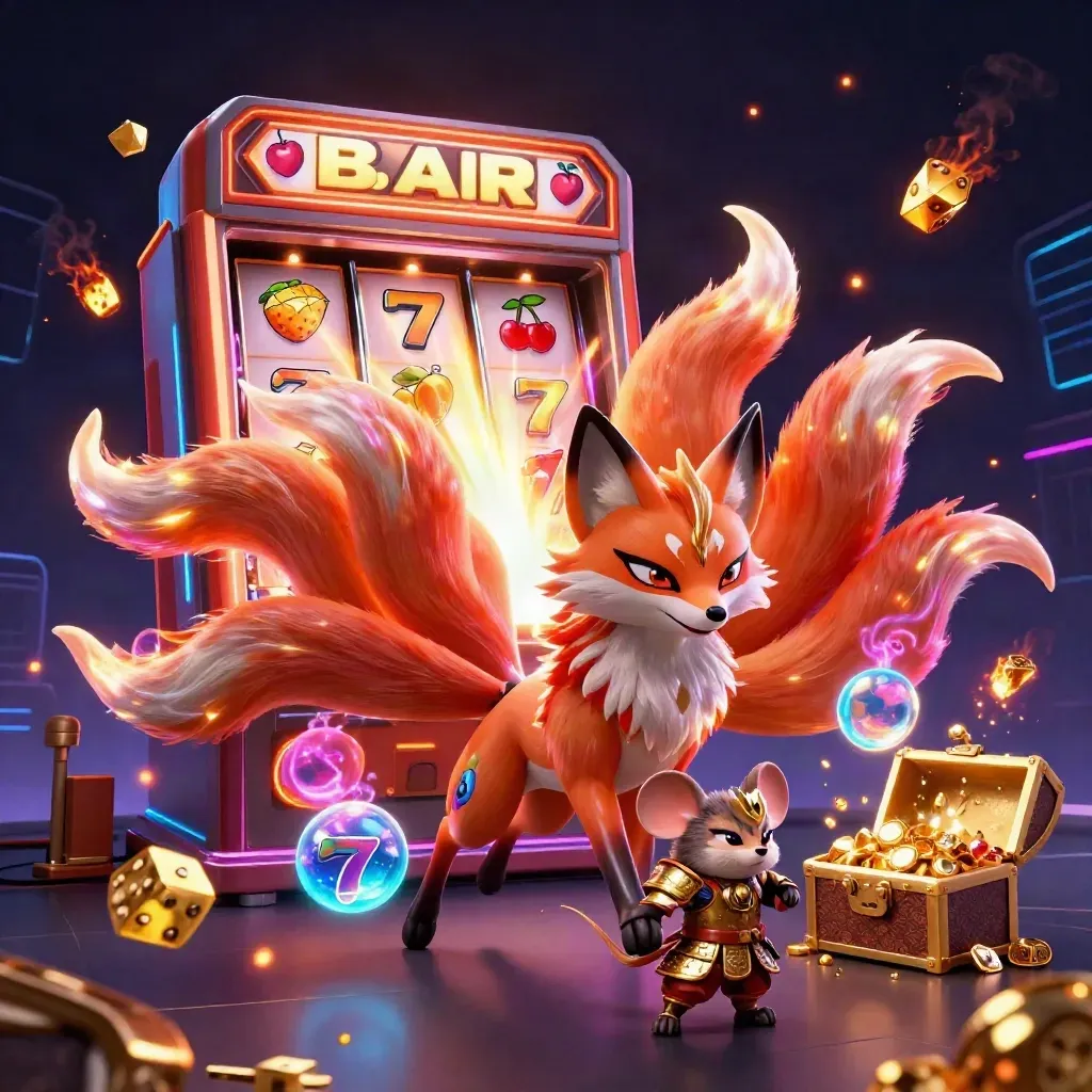 Nine-tailed fox spirit and armored mouse amid exploding slot machine, gold, gems, and neon fire.