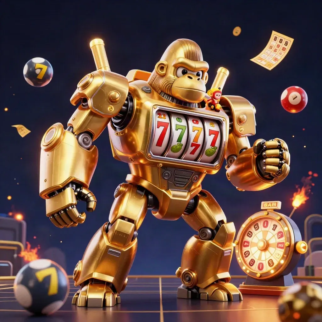 Golden gorilla mech with monkey pilot amid casino tokens and glowing gold fire