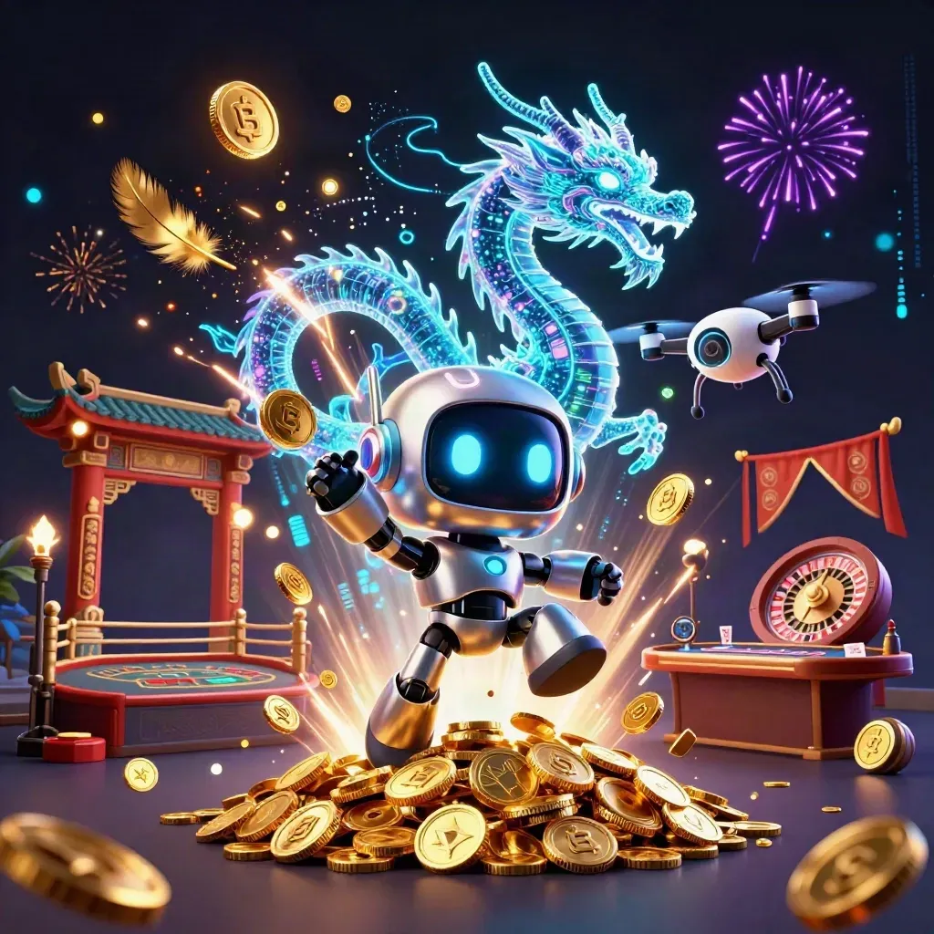 Cyberpunk robot, holographic dragon, and coin drone amid bursting gold, fireworks, and casino props.
