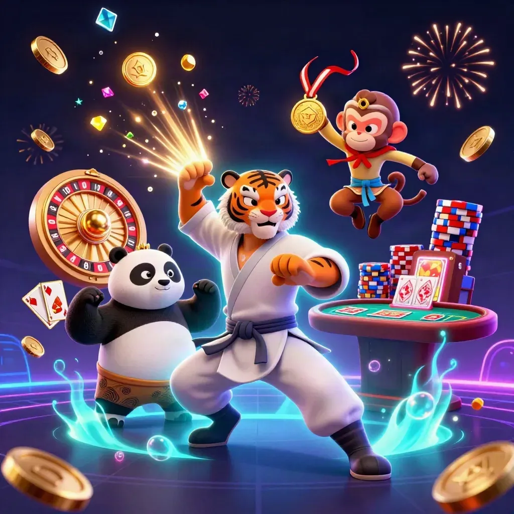 Tiger, panda, and monkey in a casino celebration with coins, roulette wheel, and fireworks