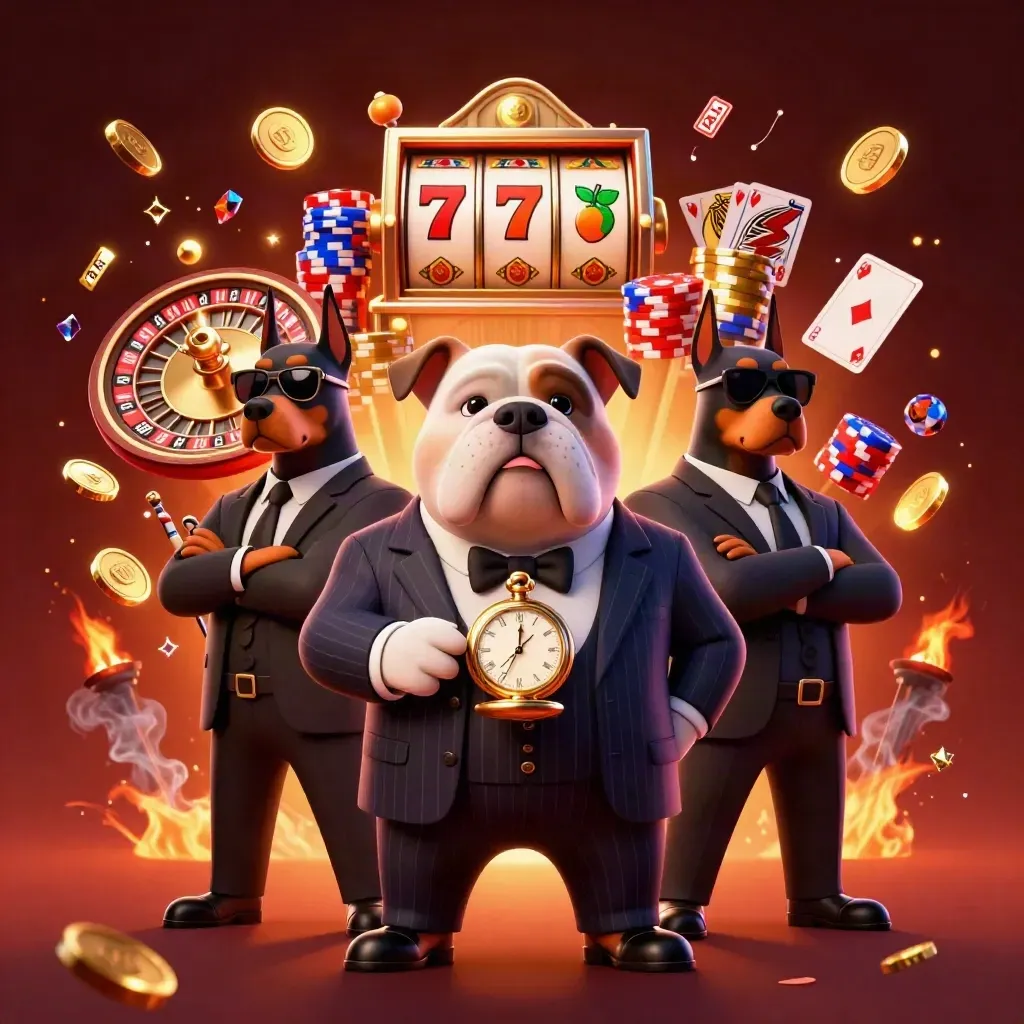 Bulldog mafia boss with two Dobermans amid casino coins, cards, reels, and glowing embers.