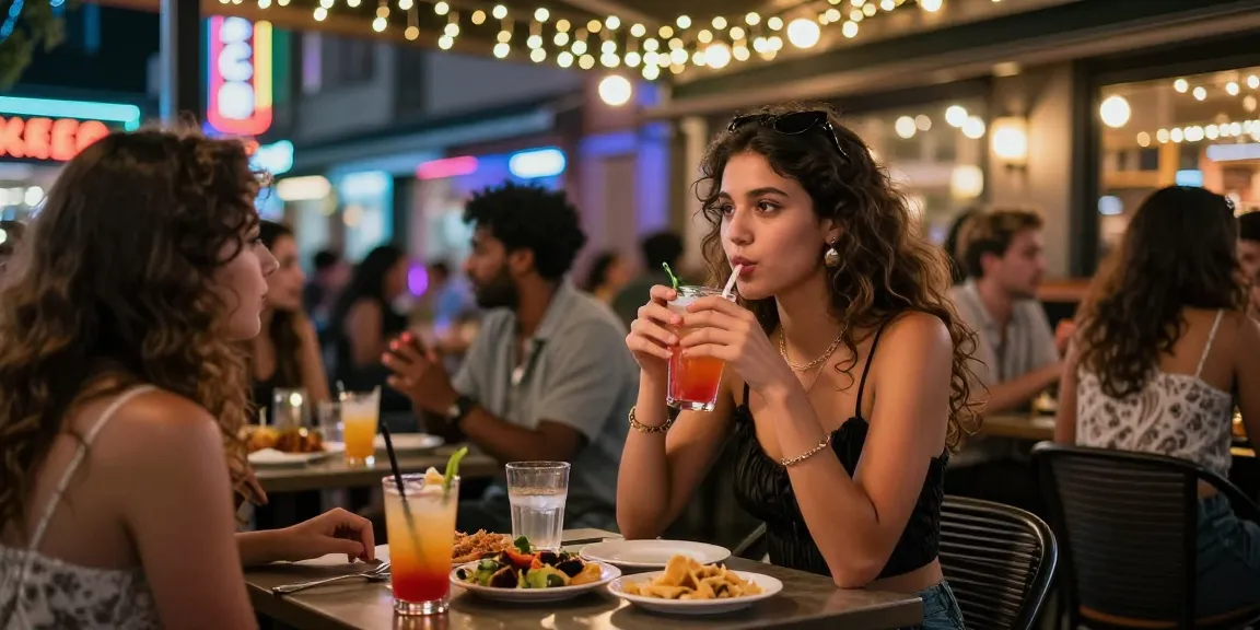 Gái gọi trong không gian quán bar nhộn nhịp, thưởng thức đồ uống cùng bạn bè.